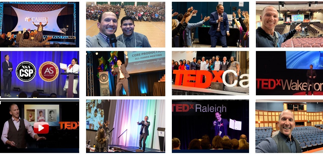 Photo collage of Dr. Kevin C. Snyder speaking on stage, with audiences, and on TEDx stages